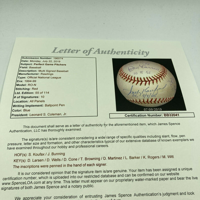 Perfect Game Pitchers Signed Inscribed Baseball 10 Sigs Sandy Koufax JSA COA