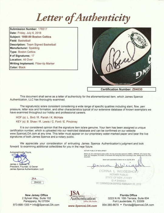 1991-92 Boston Celtics Team Signed Basketball 17 Sigs Larry Bird With JSA COA