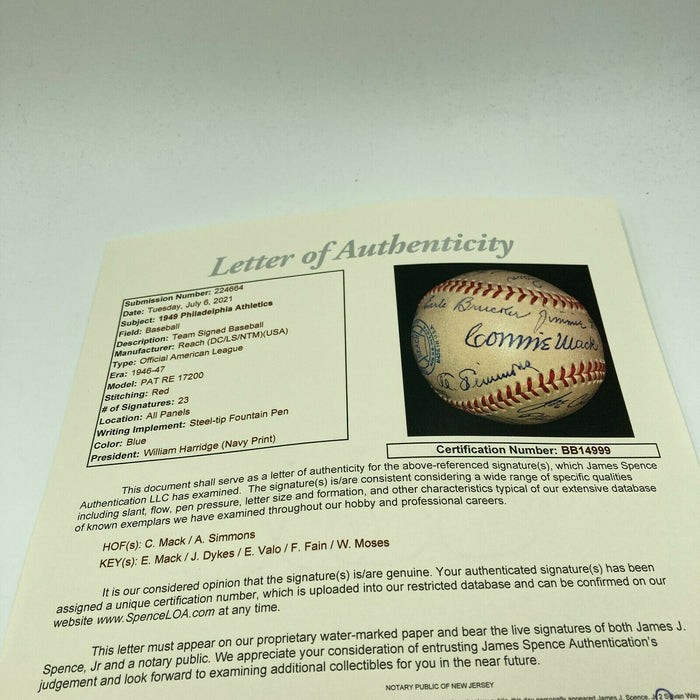 Beautiful Philadelphia A's Team Signed Baseball Connie Mack Al Simmons JSA COA