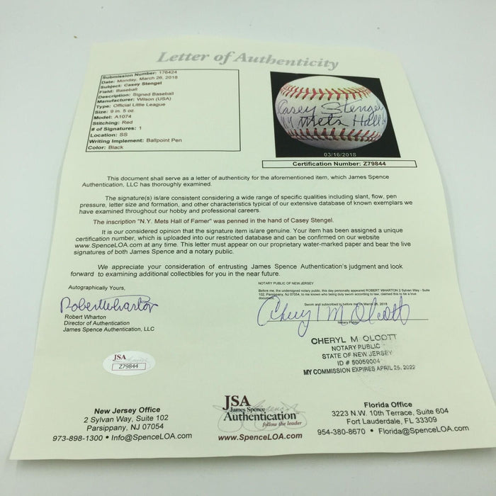 Beautiful Casey Stengel "Hall Of Fame" Single Signed Baseball With JSA COA