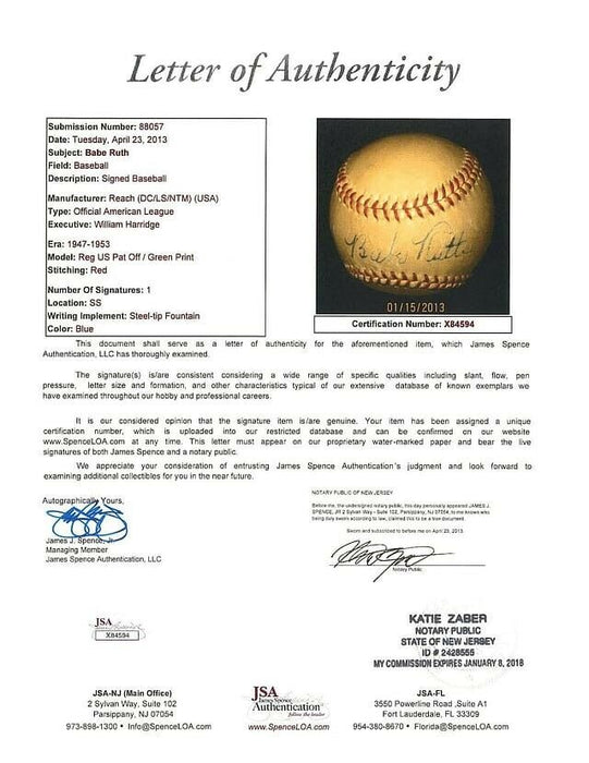 Beautiful Babe Ruth Single Signed American League Baseball PSA DNA & JSA COA