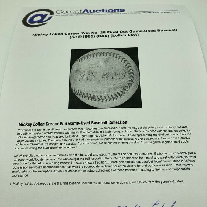 Mickey Lolich Signed Career Win No. 28 Final Out Game Used Baseball Beckett COA