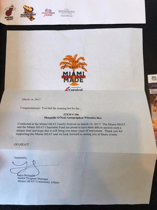 Shaquille O'neal Signed Miami Heat Wheaties Cereal Box JSA COA & Team Letter