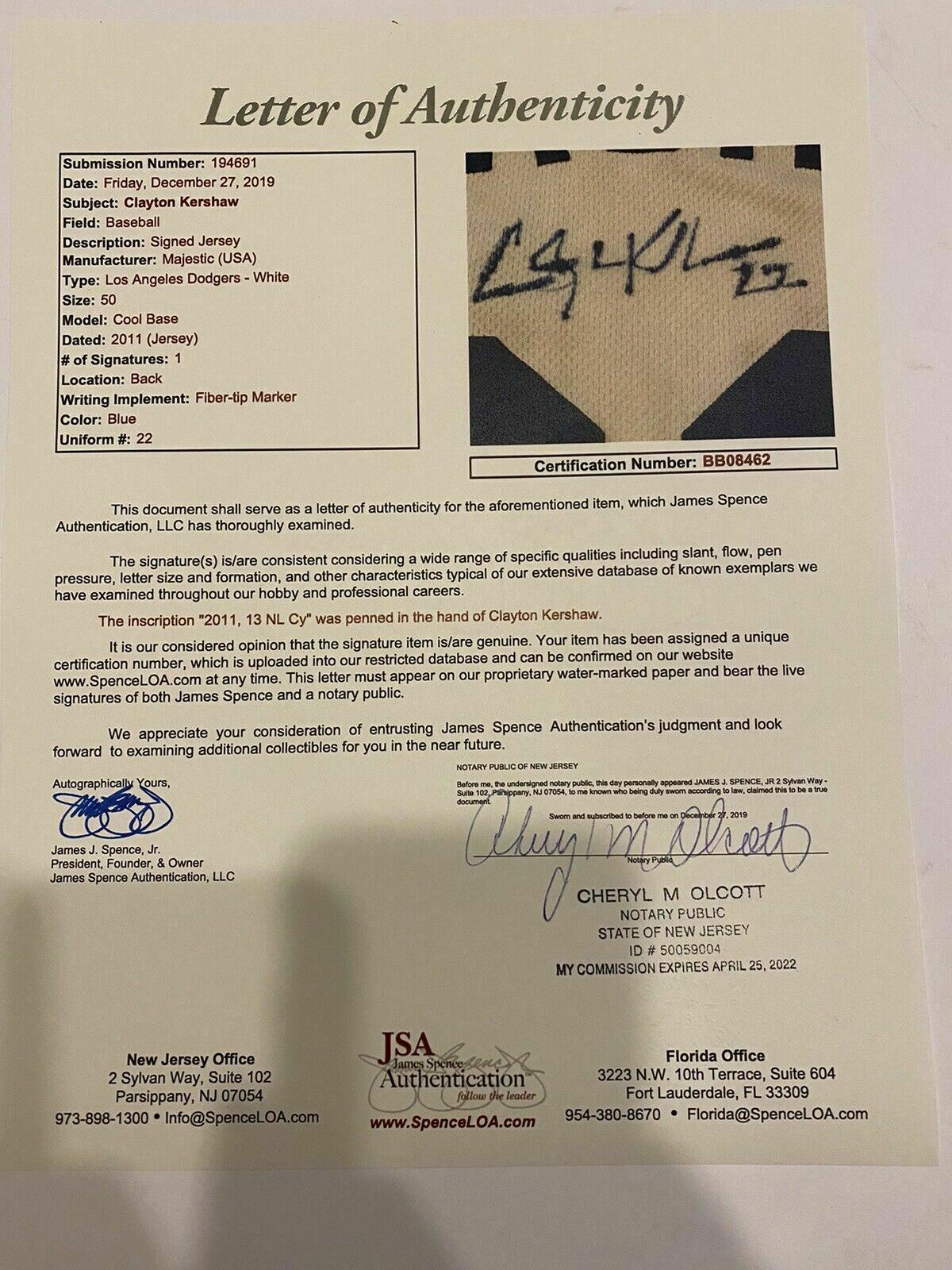 Dodgers Clayton Kershaw Authentic Signed White Nike Jersey JSA Witness