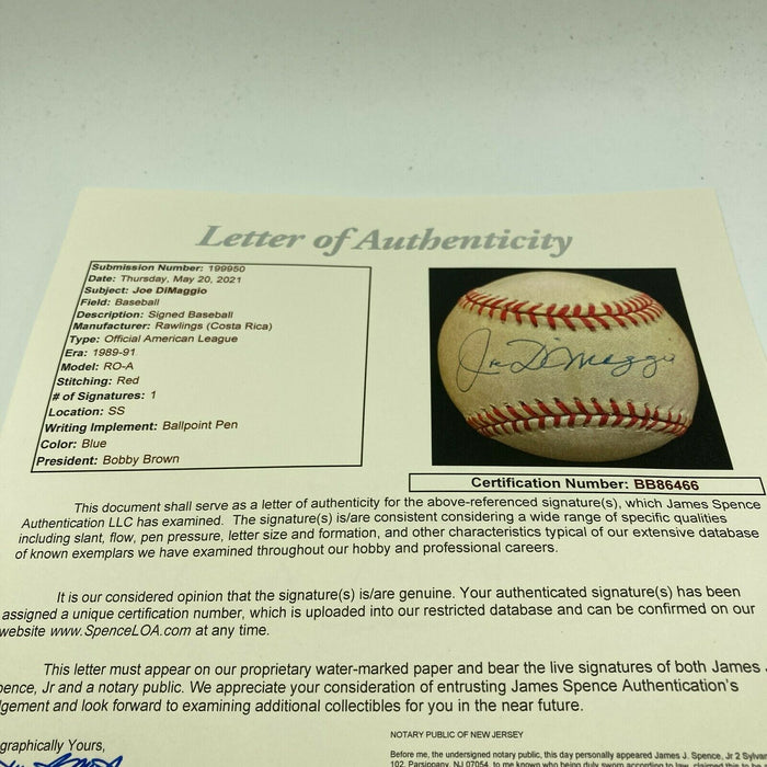 Nice Joe Dimaggio Signed Official American League Baseball With JSA COA