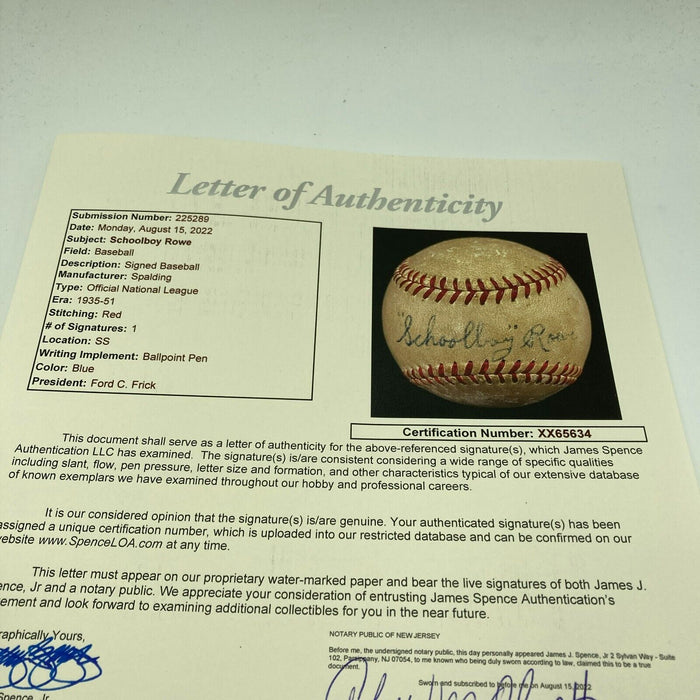 Schoolboy Rowe Single Signed 1940's National League Frick Baseball JSA COA