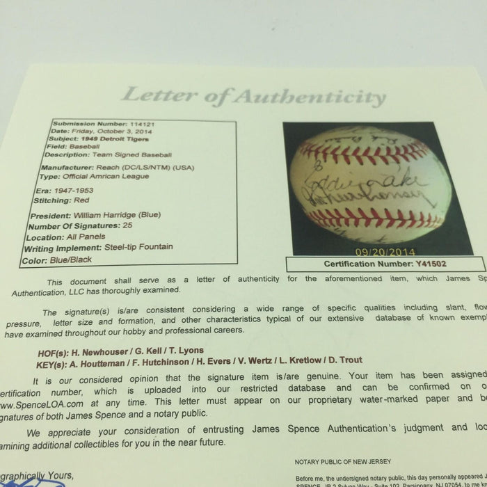 Beautiful 1949 Detroit Tigers Team Signed American League Baseball JSA COA