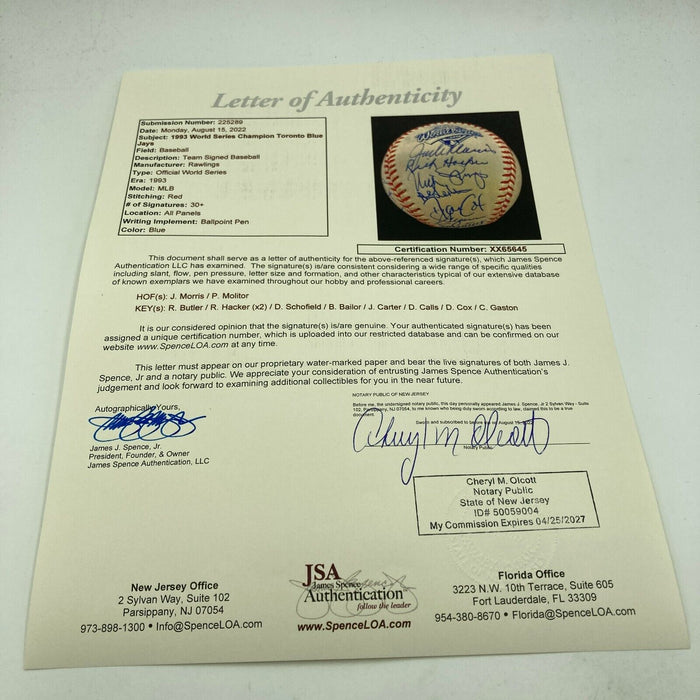 1993 Toronto Blue Jays World Series Champs Team Signed W.S. Baseball JSA COA