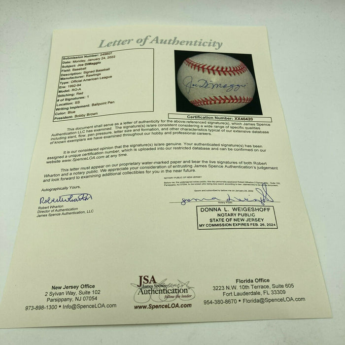 Nice Joe Dimaggio Signed  Official American League Baseball JSA COA