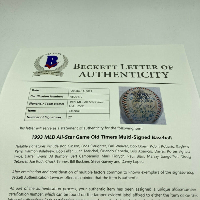Hall Of Fame Legends Signed 1993 All Star Game Baseball 27 Sigs Beckett COA