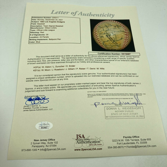 1963 Los Angeles Dodgers World Series Champs Team Signed Baseball JSA COA