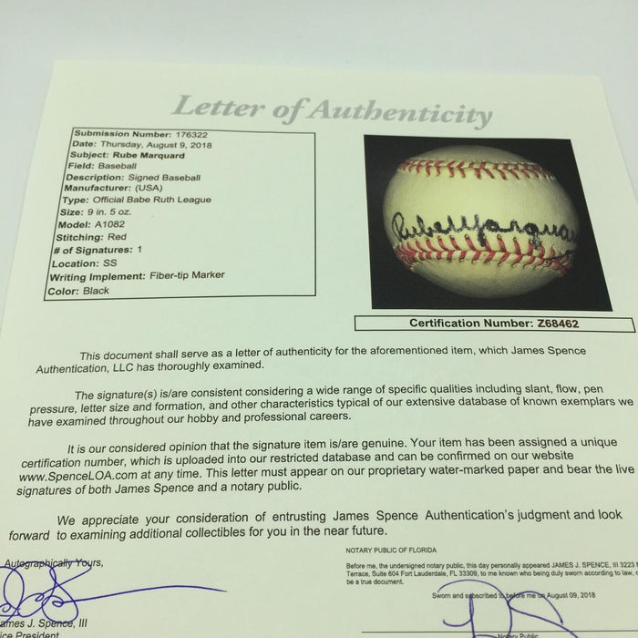 Rube Marquard Single Signed Autographed Baseball JSA COA