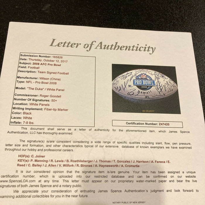 2008 Pro Bowl Team Signed Football Peyton Manning Ben Roethlisberger JSA COA