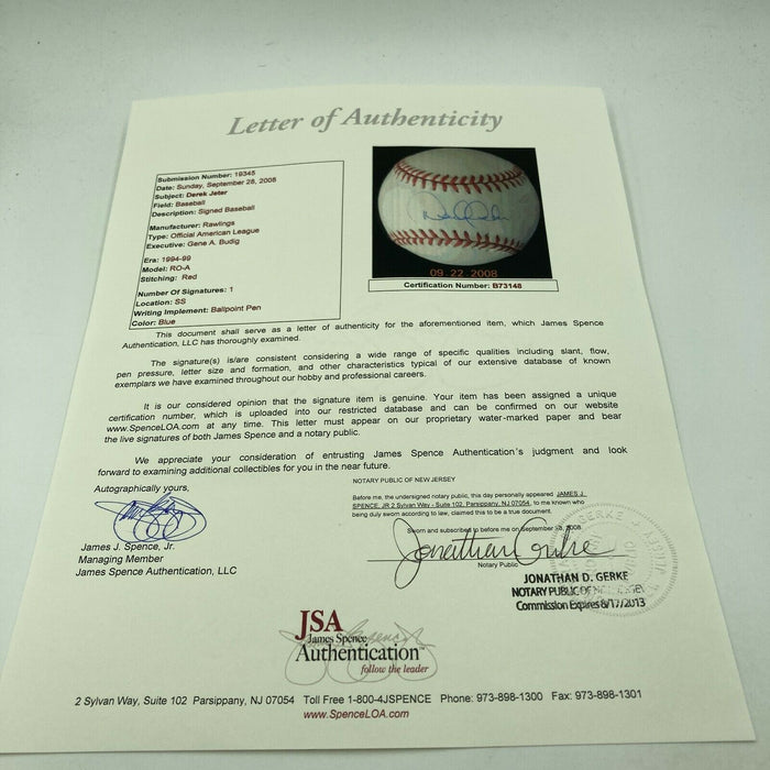 1996 Derek Jeter Rookie Signed Official American League Baseball JSA COA