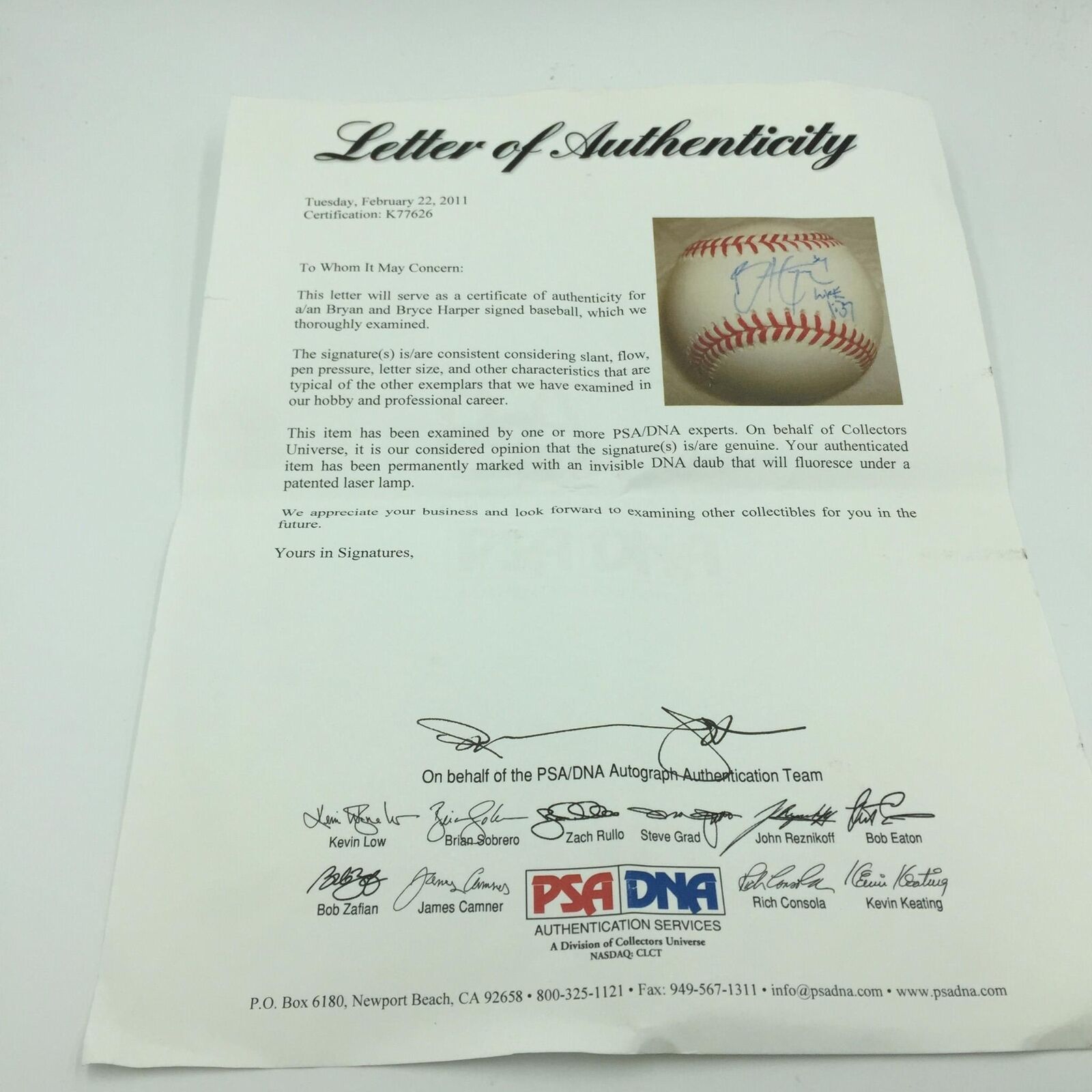 Rare Nationals Bryce Harper & Bryan Harper Signed Baseball - PSA/DNA Full  LOA