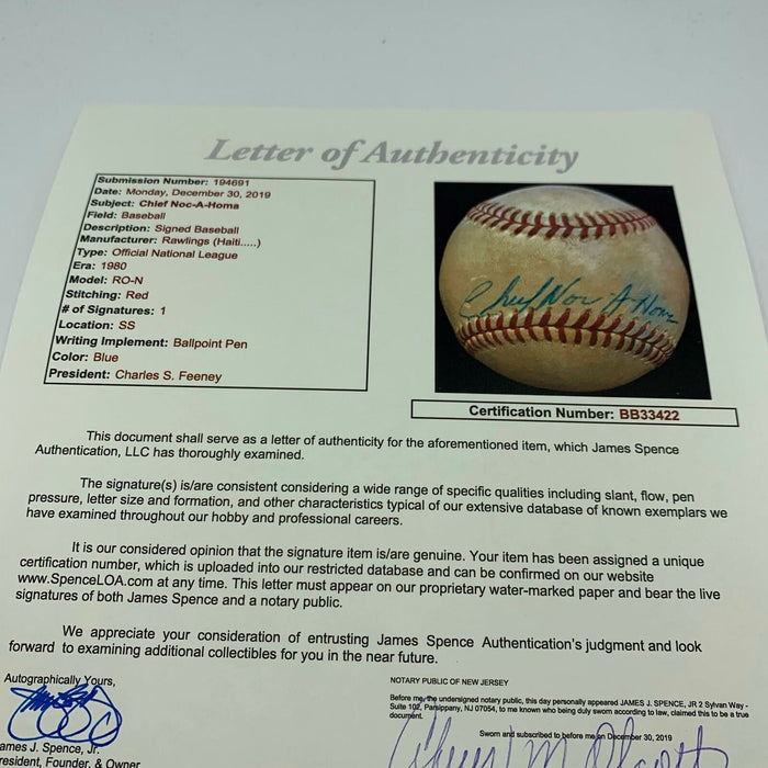 Rare Chief Noc-A-Homa Single Signed NL Baseball Atlanta Braves With JSA COA