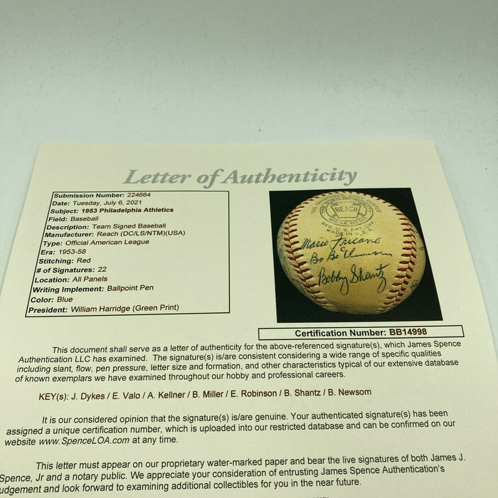 Beautiful 1953 Philadelphia Athletics A's Team Signed AL Baseball With JSA COA