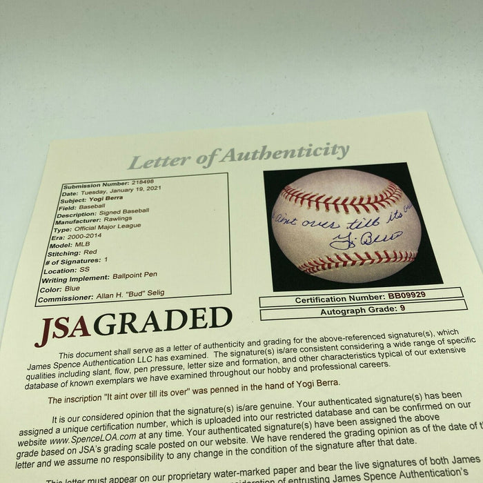Yogi Berra “It Ain’t Over Till It’s Over” Signed Baseball JSA Graded MINT 9