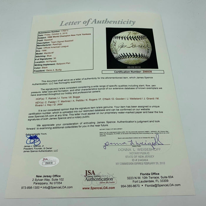 1996 Yankees WS Champs Team Signed Mickey Mantle Day Baseball W/ Derek Jeter JSA