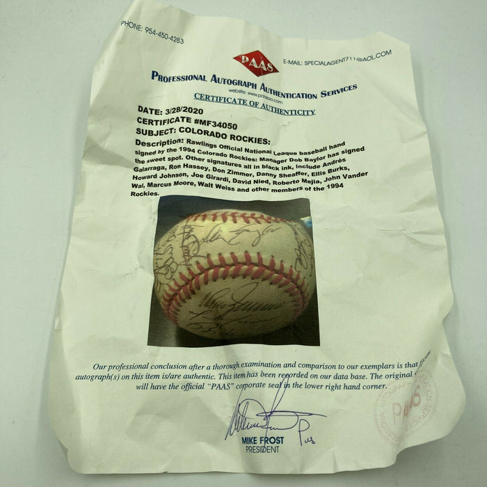 1994 Colorado Rockies Team Signed National League Baseball With COA