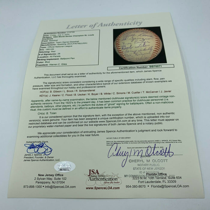 1964 St. Louis Cardinals World Series Champs Team Signed NL Baseball JSA COA