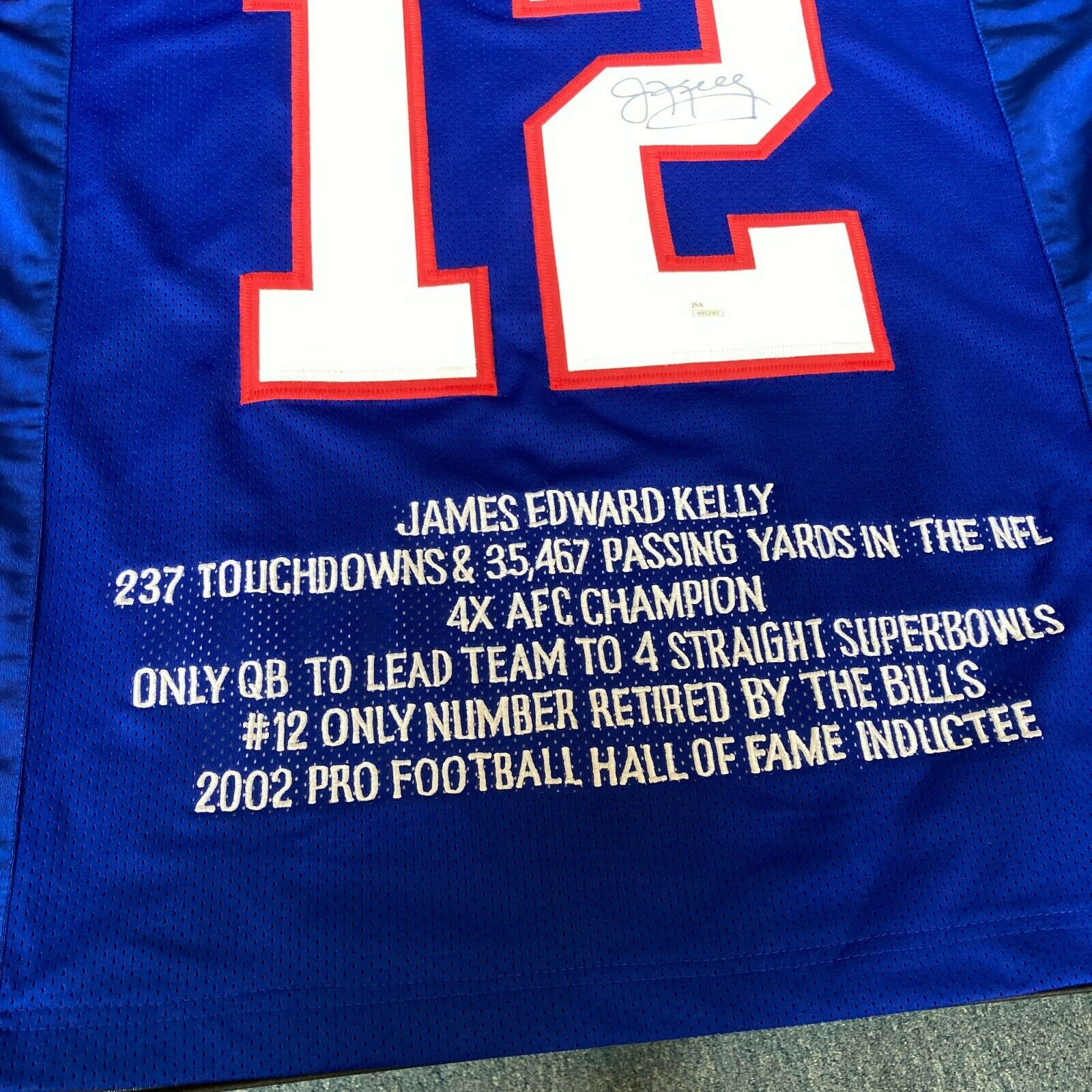 Jim Kelly Autographed Buffalo Bills Football STAT NFL Jersey JSA – Meltzer  Sports