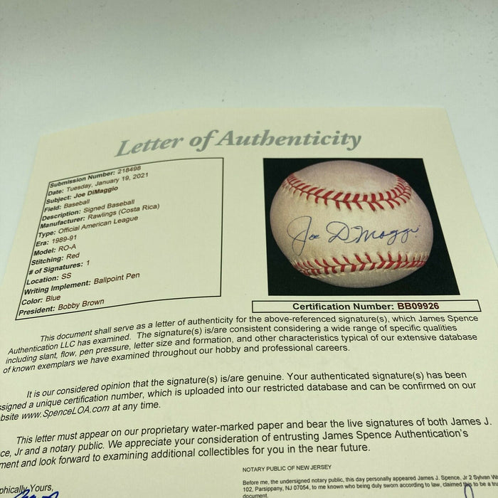 Beautiful Joe Dimaggio Signed Autographed Official American League Baseball JSA