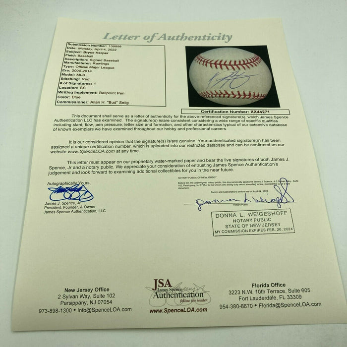 Bryce Harper Signed Official Major League Baseball With JSA COA