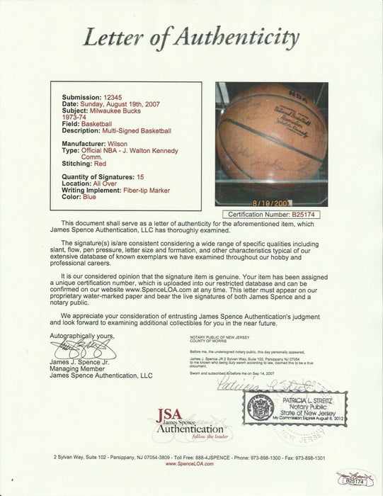 1973-74 Milwaukee Bucks Team Signed NBA Basketball Kareem Abdul Jabbar JSA COA