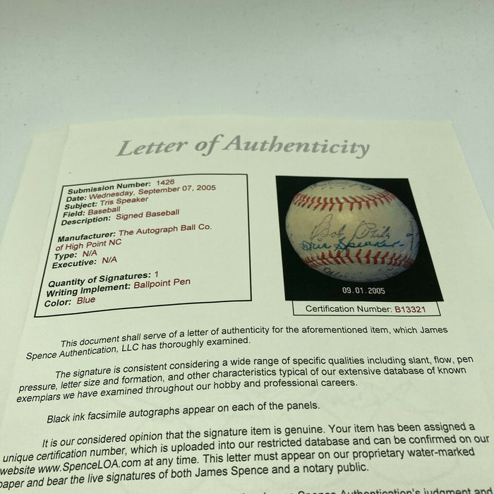 Beautiful Tris Speaker Sweet Spot Single Signed Baseball With JSA COA