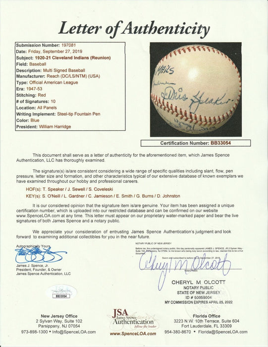 The Finest 1920 Cleveland Indians World Series Champs Team Signed Baseball JSA