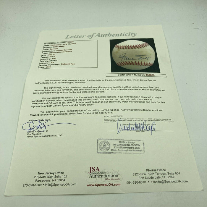 Willie Mays Signed Autographed Official National League Baseball JSA COA