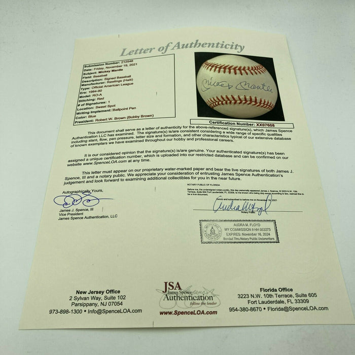 Mint Mickey Mantle Signed Official American League Baseball With JSA COA
