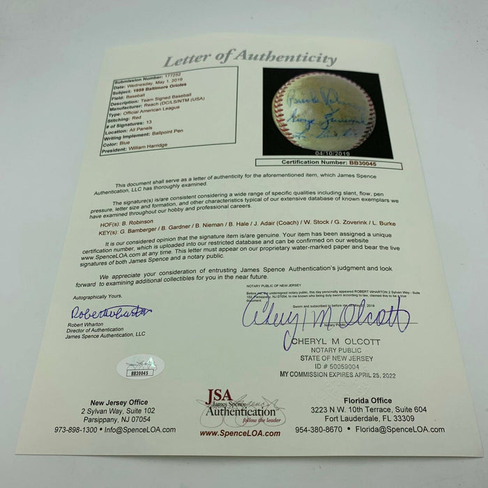 1959 Baltimore Orioles Team Signed AL Baseball Brooks Robinson With JSA COA