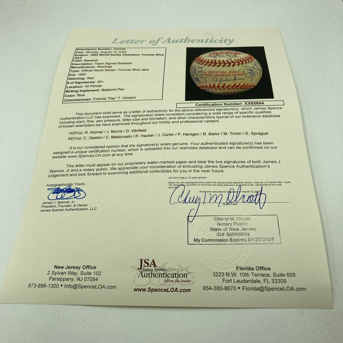 1992 Toronto Blue Jays World Series Champs Team Signed W.S. Baseball JSA COA