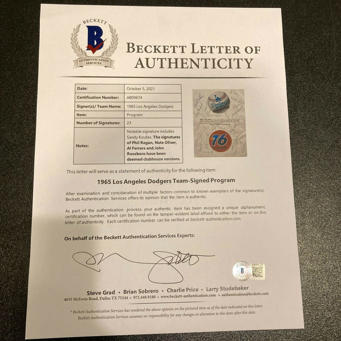 1965 Los Angeles Dodgers World Series Champs Team Signed Program Koufax Beckett