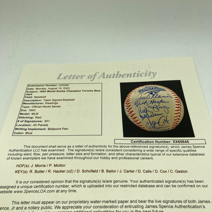 1993 Toronto Blue Jays World Series Champs Team Signed W.S. Baseball JSA COA