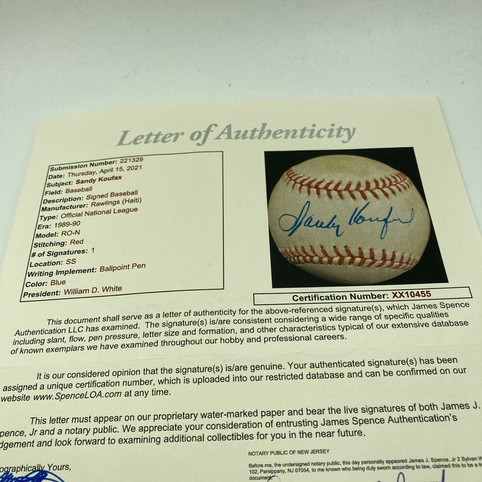 Sandy Koufax Signed Official National League Baseball Bold Sig With JSA COA