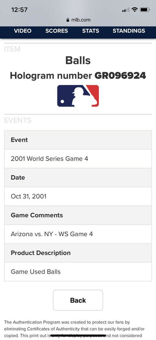 2001 World Series Game 4 Signed Game Used Baseball Derek Jeter Mr November MLB
