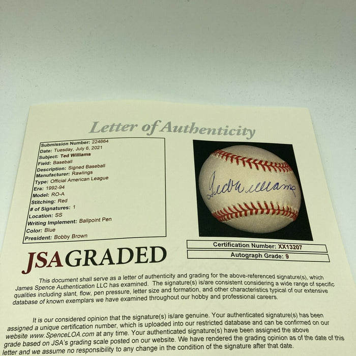Beautiful Ted Williams Signed American League Baseball JSA Graded MINT 9 UDA