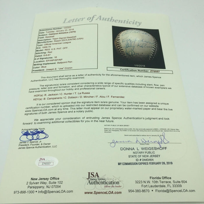 1970 Oakland Athletics A's Team Signed American League Baseball With JSA COA