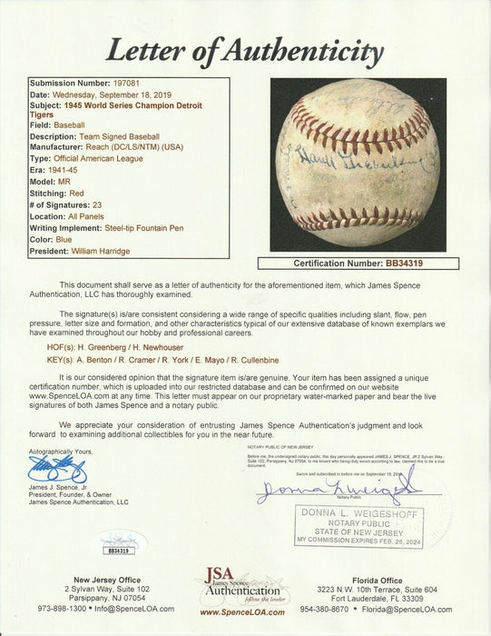 1945 Detroit Tigers World Series Champs Team Signed Baseball With JSA COA RARE