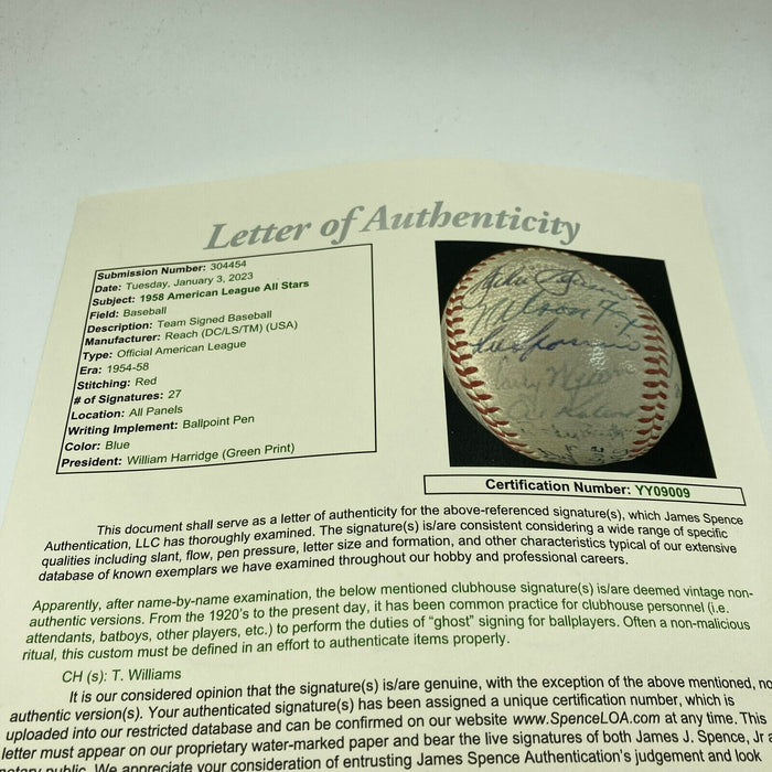 Mickey Mantle 1958 All Star Game Team Signed American League Baseball JSA COA