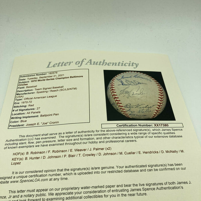 Beautiful 1970 Baltimore Orioles World Series Champs Team Signed Baseball JSA