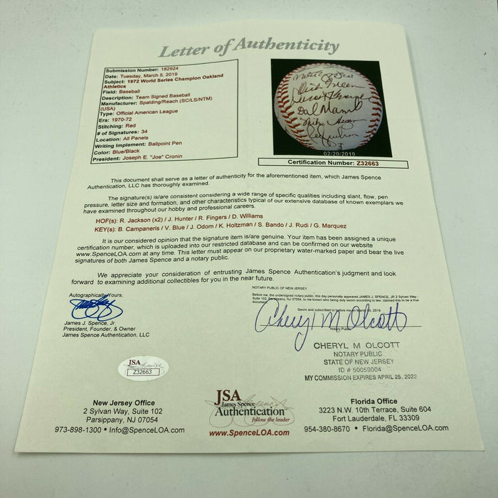 Stunning 1972 Oakland A's Athletics World Series Champs Team Signed Baseball JSA
