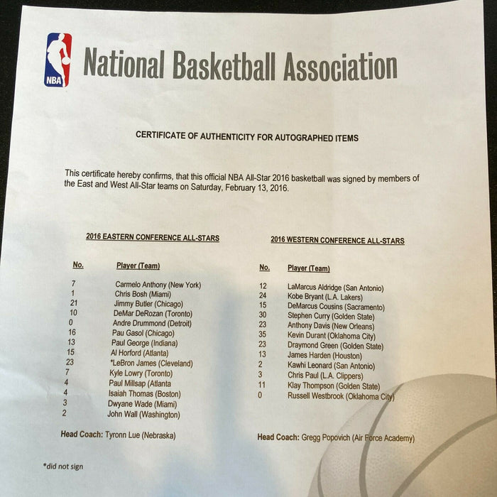 Kobe Bryant Stephen Curry 2016 NBA All Star Game Team Signed Basketball JSA COA