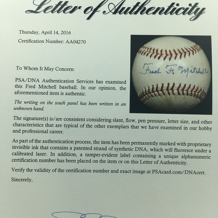 Fred Mitchell Relieved Cy Young In First Ever Red Sox Game Signed Baseball PSA