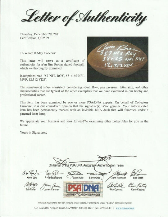 Jim Brown 1957 ROY 1958-65 MVP Signed Heavily Inscribed STAT Football PSA DNA