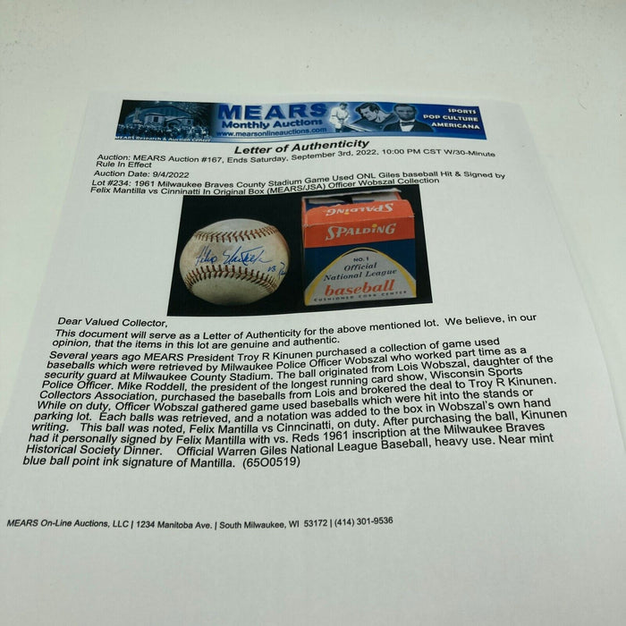 Felix Mantilla Signed 1961 Game Used Baseball Milwaukee Braves JSA COA
