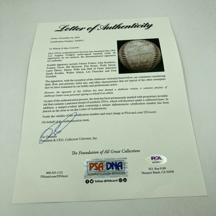 1963 Los Angeles Dodgers World Series Champs Team Signed Baseball Koufax PSA DNA